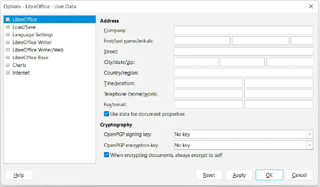 Ventana de opciones de LibreOffice abierta desde la nueva interfaz.