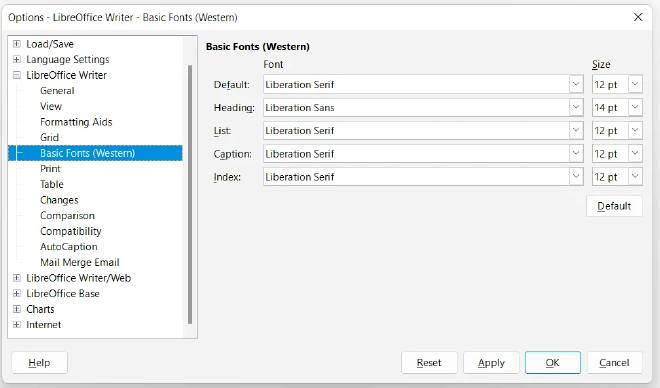 Opciones de Fuentes Básicas (Occidental) en LibreOffice Writer.