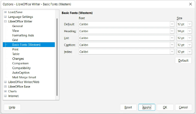 Selección de la fuente Calibri como predeterminada en LibreOffice.