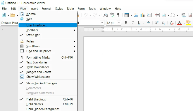 Menú Vista de LibreOffice con la opción Interfaz de Usuario seleccionada.