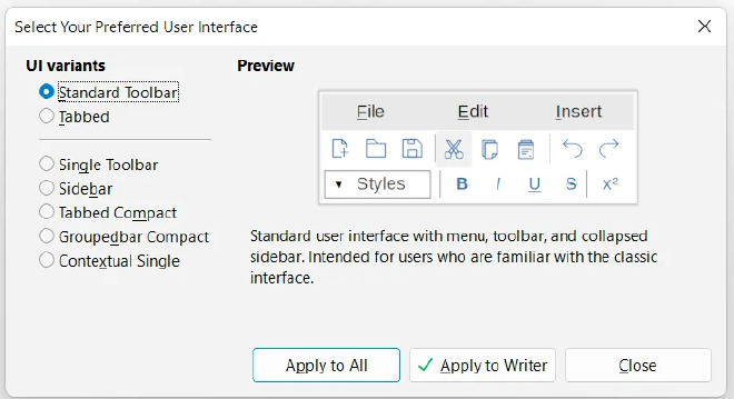 Ventana de selección de Interfaz de Usuario en LibreOffice.