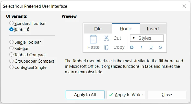 Selección de la variante de interfaz Tabbed en LibreOffice.