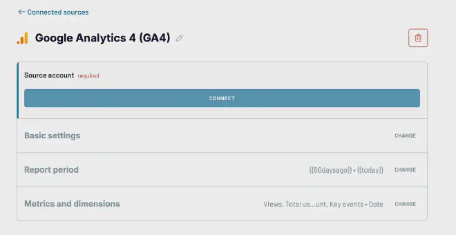 Selección de Google Analytics 4 como fuente de datos en la interfaz de Coupler.io.