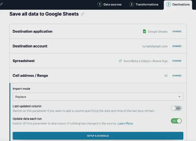 Configuración del destino en Coupler.io, seleccionando Google Sheets y especificando la hoja.