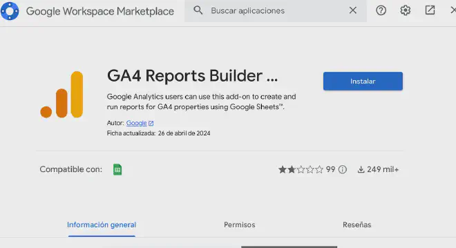 Ventana de instalación del complemento de GA4 para Google Sheets.