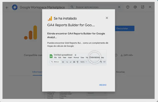 Confirmación de la instalación del complemento GA4 Reports Builder.