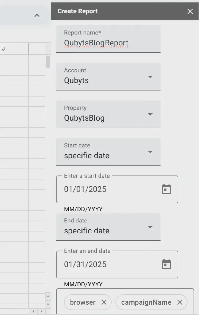 Panel de configuración de informe en el complemento de GA4, seleccionando cuenta y propiedad.
