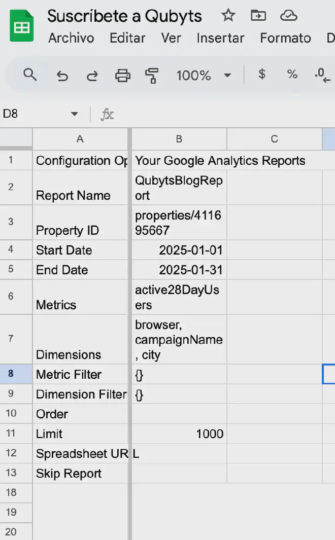 Hoja de configuración del informe creada por el complemento en Google Sheets.