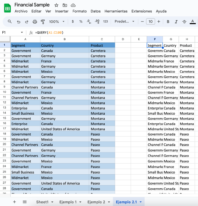Resultado de la función QUERY en su forma resumida, mostrando todos los datos de un rango sin especificar columnas.