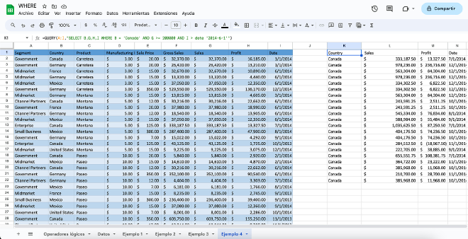 Ejemplo de la función QUERY filtrando por fechas usando la palabra clave 'date' en la cláusula WHERE.