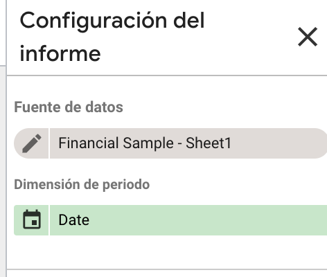 Configuración de la dimensión de periodo en Looker Studio, seleccionando la fuente de datos y el campo de fecha.