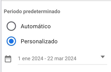 Selección de un periodo predeterminado personalizado en la configuración de Looker Studio.
