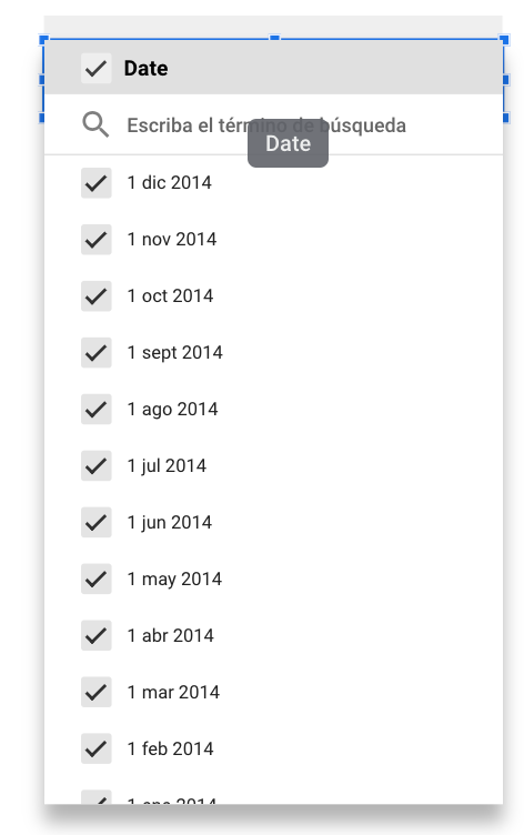 Filtro de lista desplegable en un dashboard de Looker Studio mostrando las fechas disponibles para seleccionar.